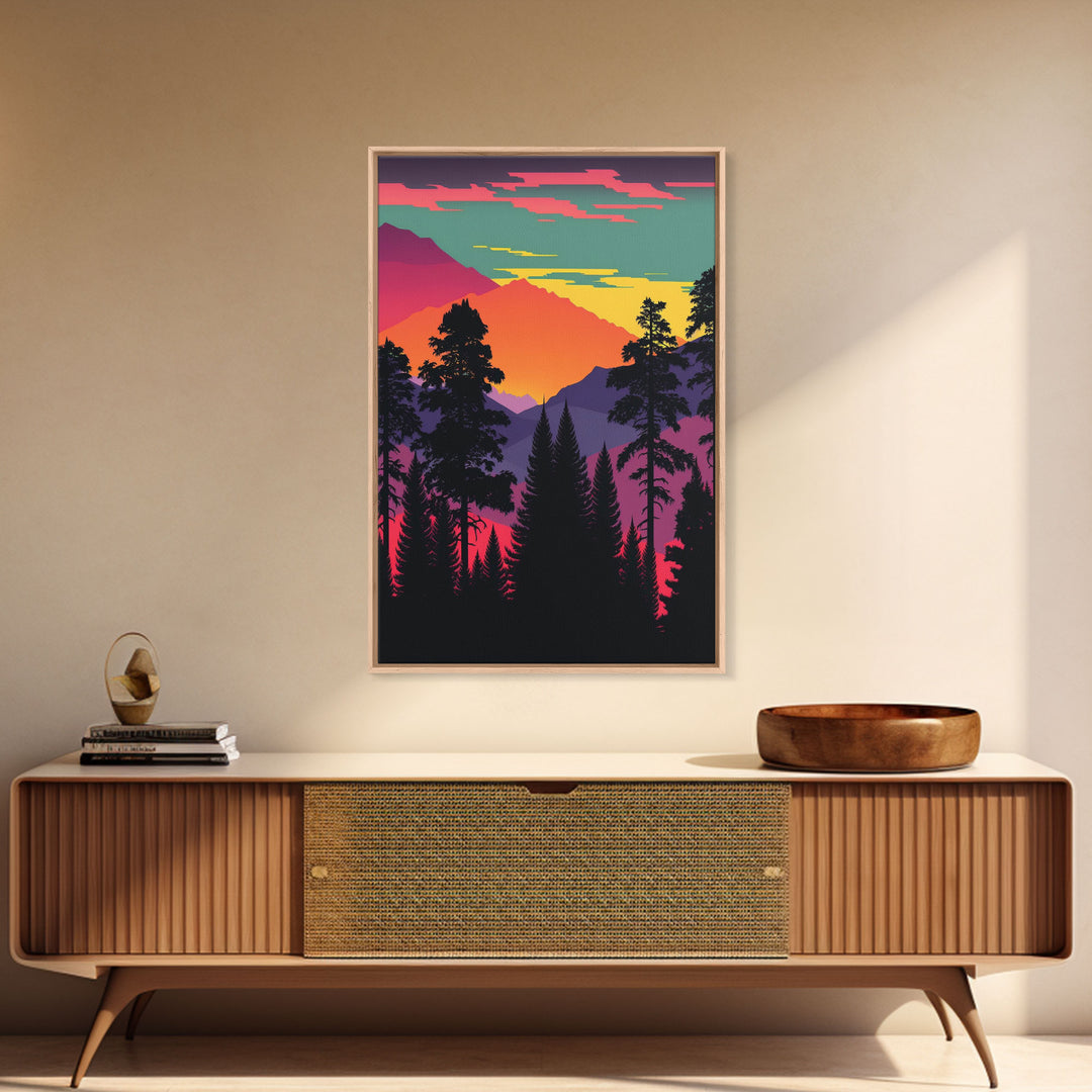 Pacific Northwest Pop Art, Framed Canvas Prints, Washington State, Pine Tree Forest and Mountain Landscape at Sunset, Vibrant Art