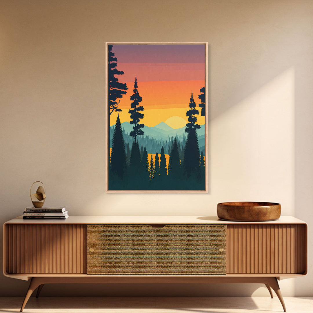 Oregon Landscape Pop Art, Framed Canvas Prints, Washington State, Pine Tree Forest and Mountain Landscape at Sunset, Vibrant Art