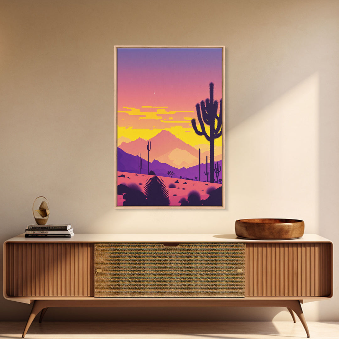 Synthwave Art Deco Style Minimalist Desert Landscape Print, Framed Canvas Art, Synthwave Style, Southwestern Decor, Western Art, Living Room