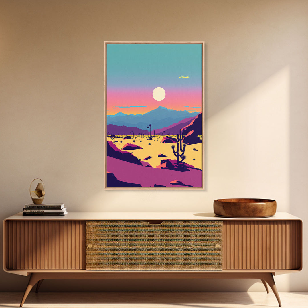 Synthwave Desert Landscape, Subdued Pastel Nature Art, Southwestern Decor, Framed Canvas Print, Pink and Turquoise Skies