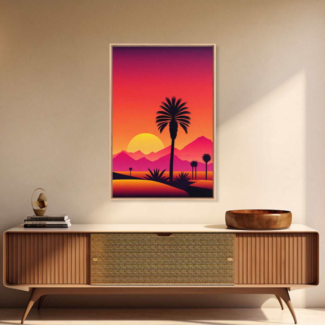 Palm Trees at Sunset, Synthwave Decor, 80s Retro Vibes Landscape Art, Framed Canvas Print