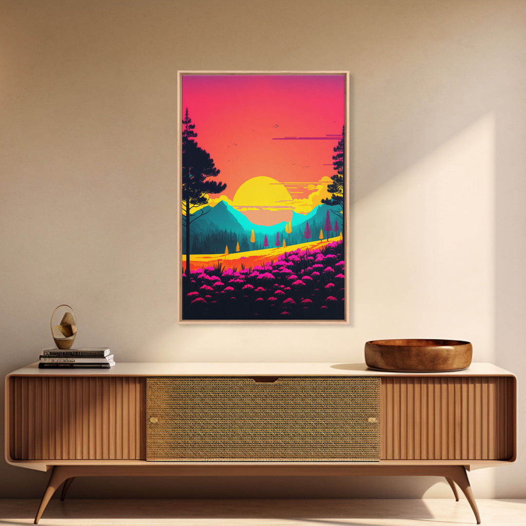 Retro Pop Art Landscape, Surrealist / Psychedelic Art, Framed Canvas Print, Nature Art