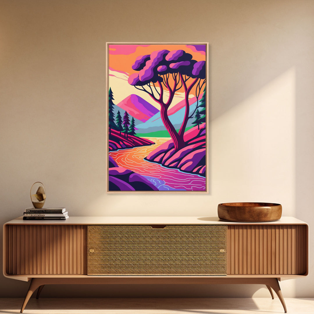 Surrealist Pop Art, Pink Fantasy Landscape Art, Framed Canvas Print