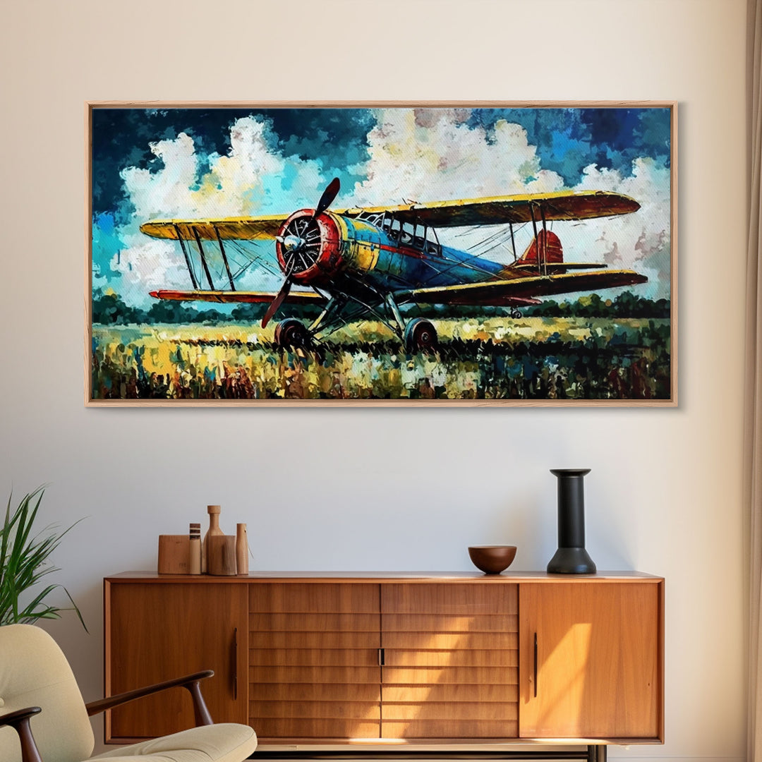 Aeroplane Art, Antique Airplane Painting Canvas Print, Framed Canvas Art, Above Sofa Art, Gift for RC Plane Pilot, Retro Plane Art