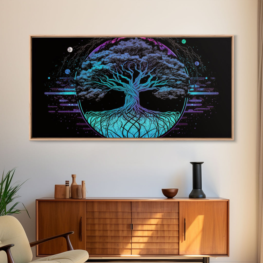 Norse Mythology Art, Synthwave Style Yggdrasil Tree of Life and the 9 Realms, Fantasy Art, Framed Canvas Print, Game Room Nordic Art