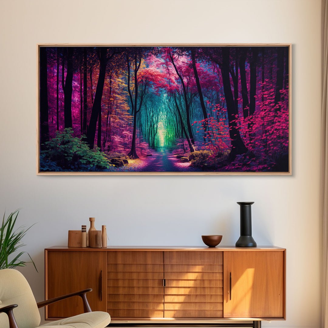 The Secret Grove, Fantasy Art, Pop Art Forest Landscape, Framed Canvas Print, Colorful Forest Painting, Living Room Art