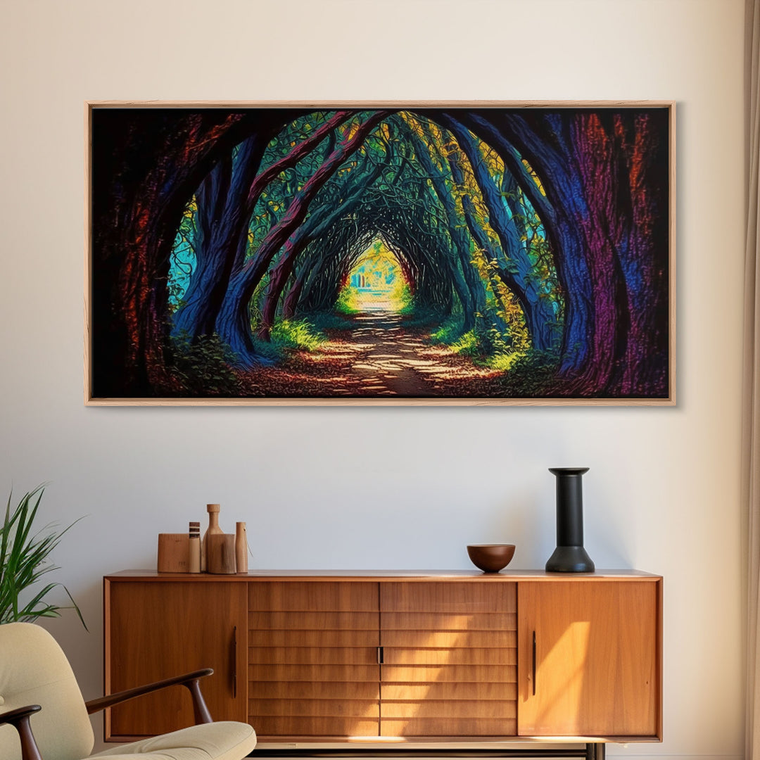 The Path through The Trees, Fantasy Art, Framed Canvas Print, RPG concept Art, Magical glowing forest