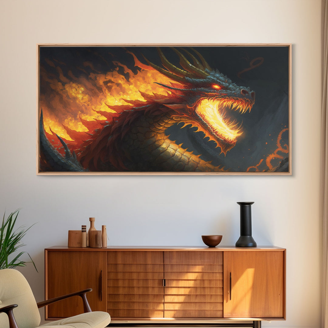 Fire Breathing Horned Dragon, Framed Canvas Print, Colorful Fantasy Wall Art, Videogame Concept Decor