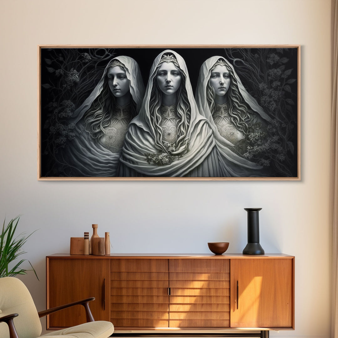 The Norns, Norse Mythology, Weavers of Fate, Framed Canvas Print,  Urðr, Verðandi, and Skuld, Black and White Norse Fantasy Art