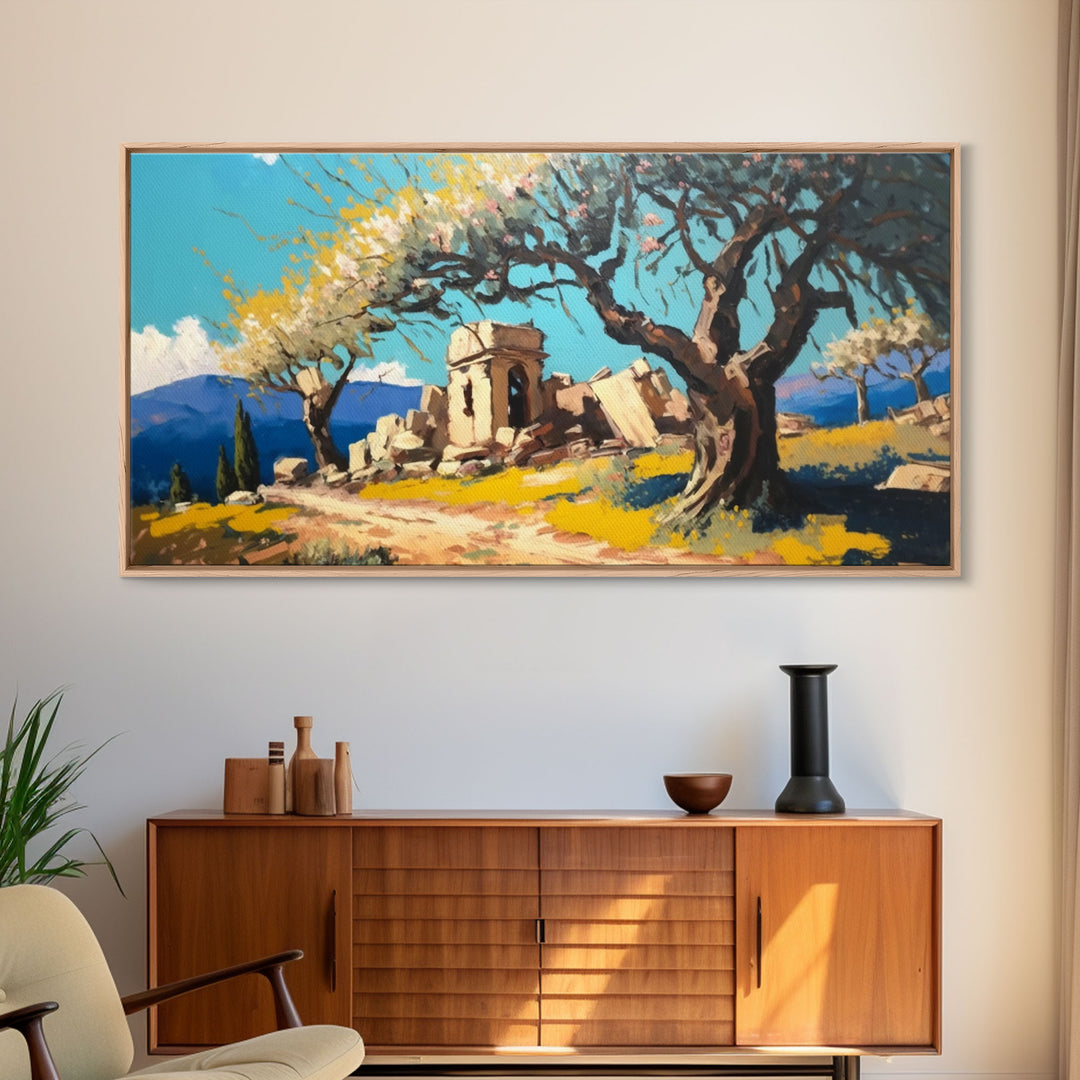 Ancient Roman Ruins, Framed Canvas Print, Old World Art, Olive Tree Amongst The Ruins, Living Room Decor