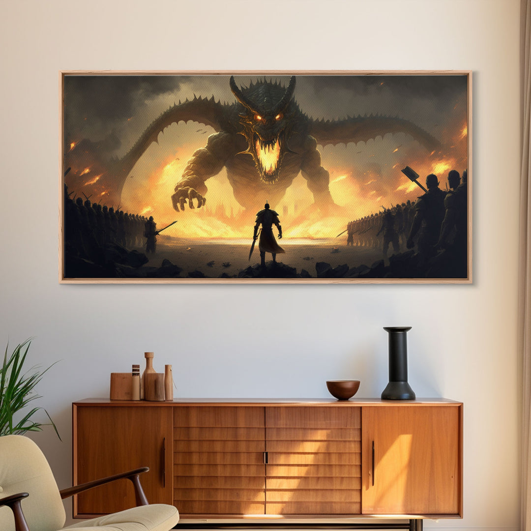 Warrior Facing Down a Dragon, Framed Canvas Print, Unique Fantasy Wall Art, In The Time of Dragons