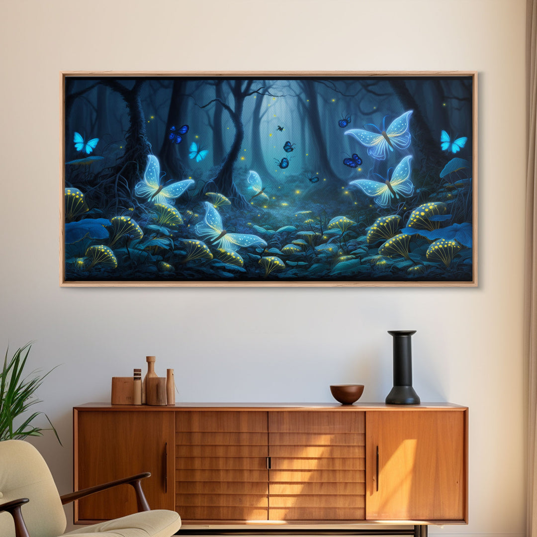 Magical Enchanted Fairy Forest, Fantasy Art, Framed Canvas Print, Bioluminescent Butterflies in an Enchanted Forest, Glowing Art