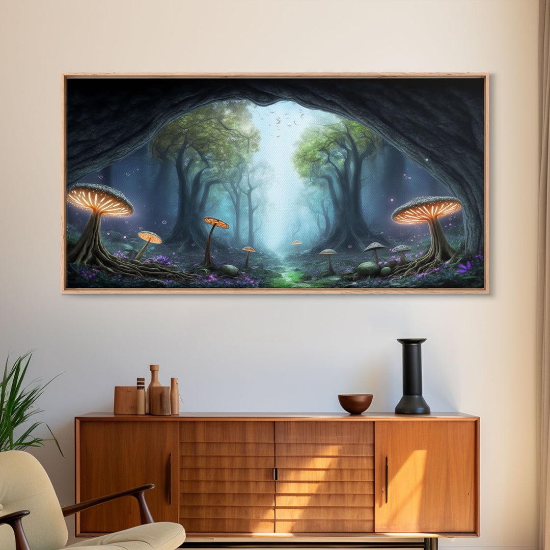 Magical Enchanted Mushroom Forest, Fantasy Art, Framed Canvas Print, Bioluminescent Butterflies in an Enchanted Forest, Glowing Art