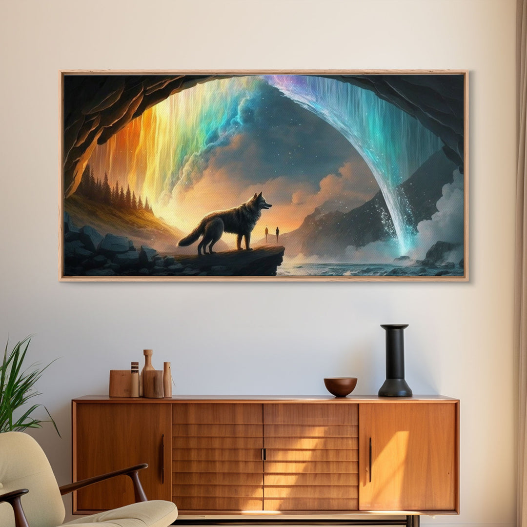 Fenrir, Mythological Wolf, With Bifrost. Norse Mythology Fantasy Art, Framed Canvas Print, Nordic Art