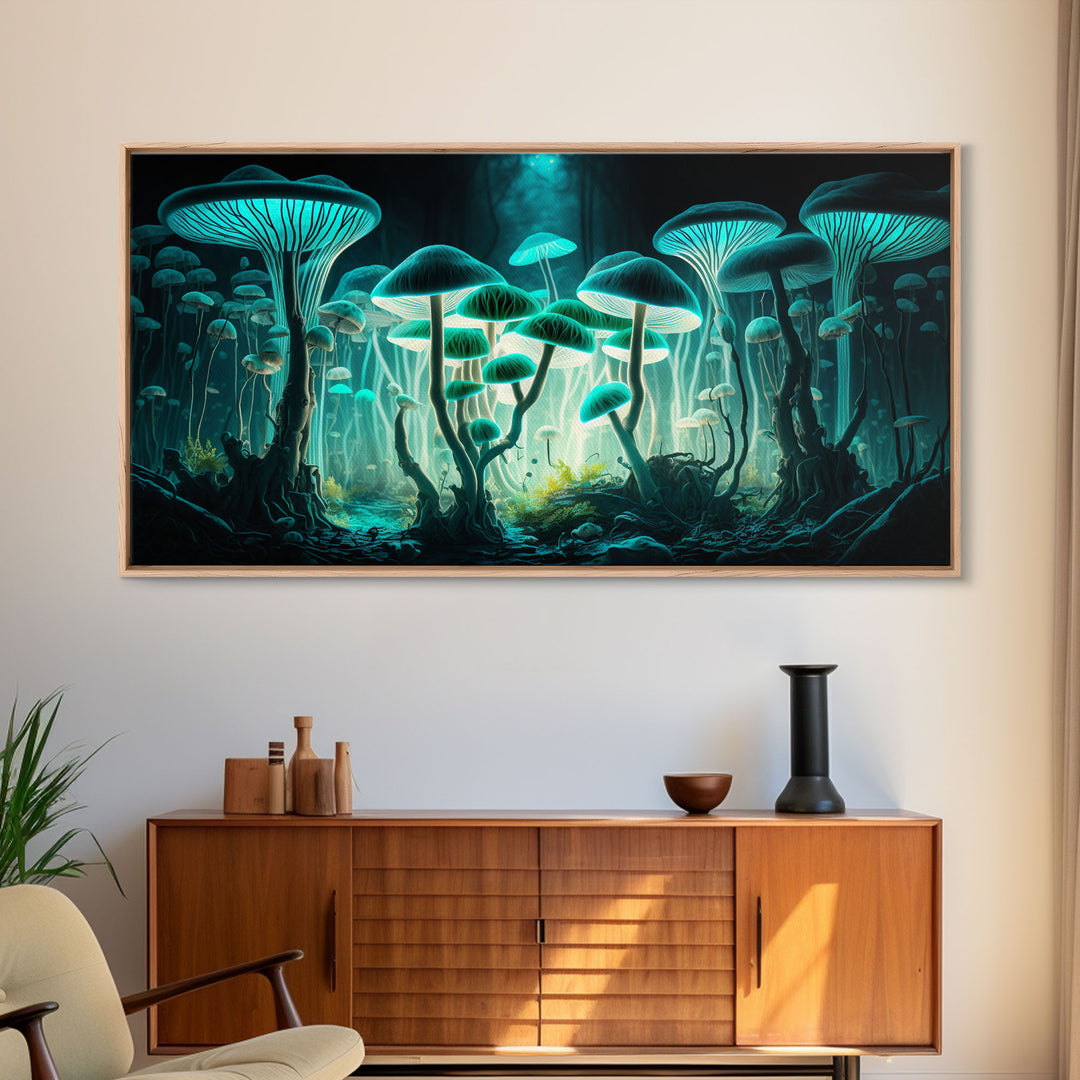 The Forest Floor, Framed Canvas Print, Glowing Mushrooms, Bioluminescent Mushroom Art, Color fantasy wall art