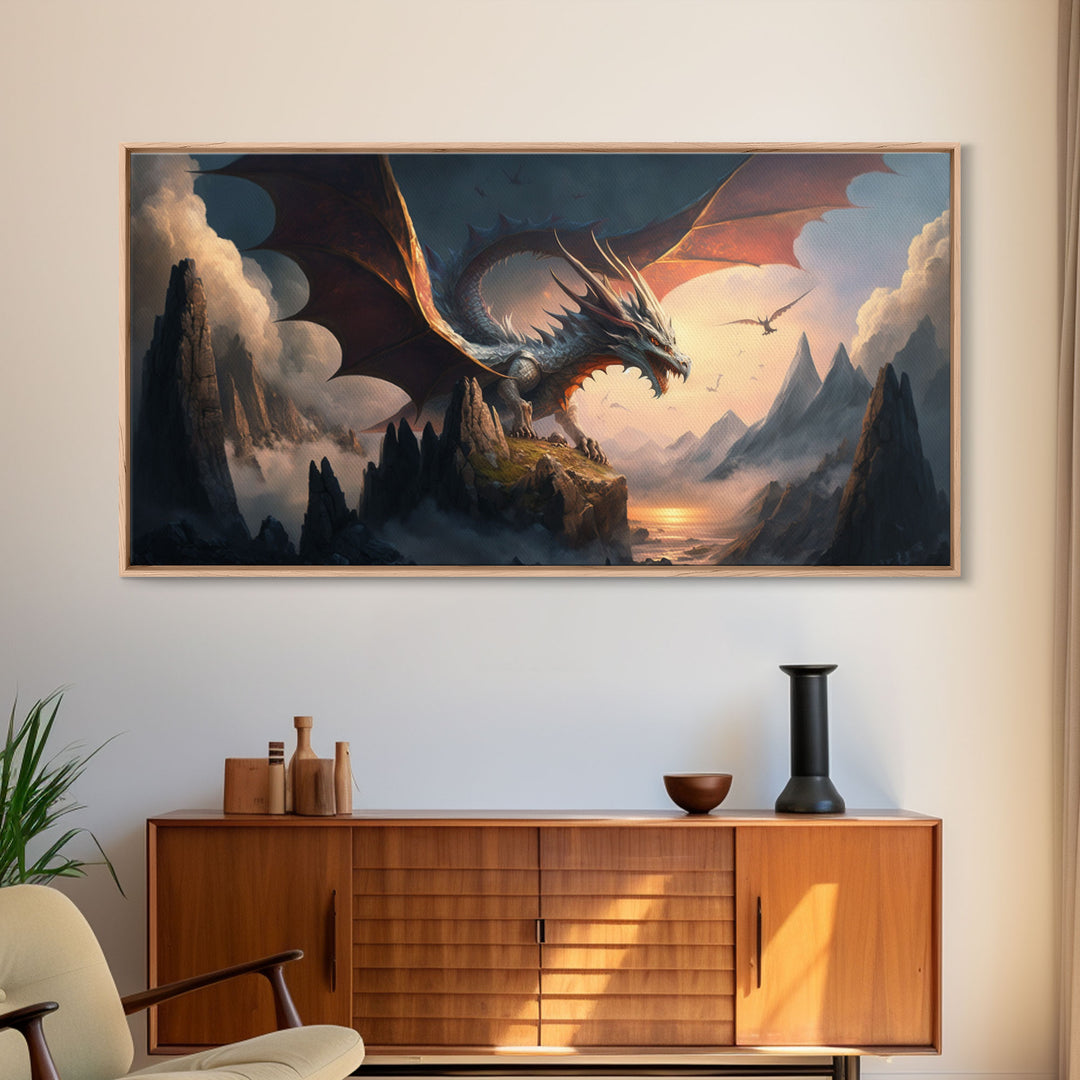 White Dragon on a Mountain Top,  Fantasy Art, Framed Canvas Print, Medieval Fantasy Art, Fire breathing dragons