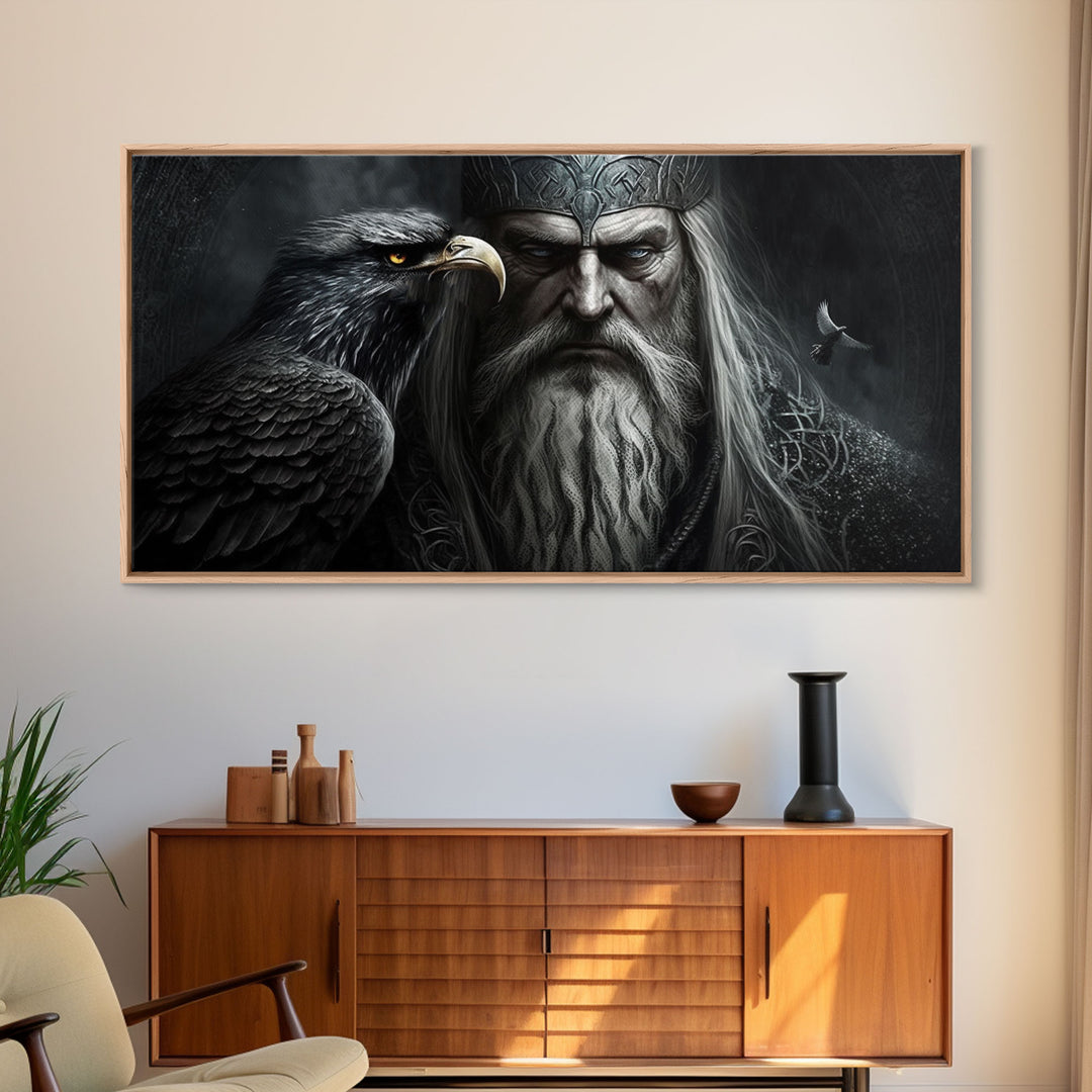 Portrait of Odin King of the Gods, Ruler of Asgard, Framed Canvas Print, Norse Mythology Pop Art, Fantasy Art