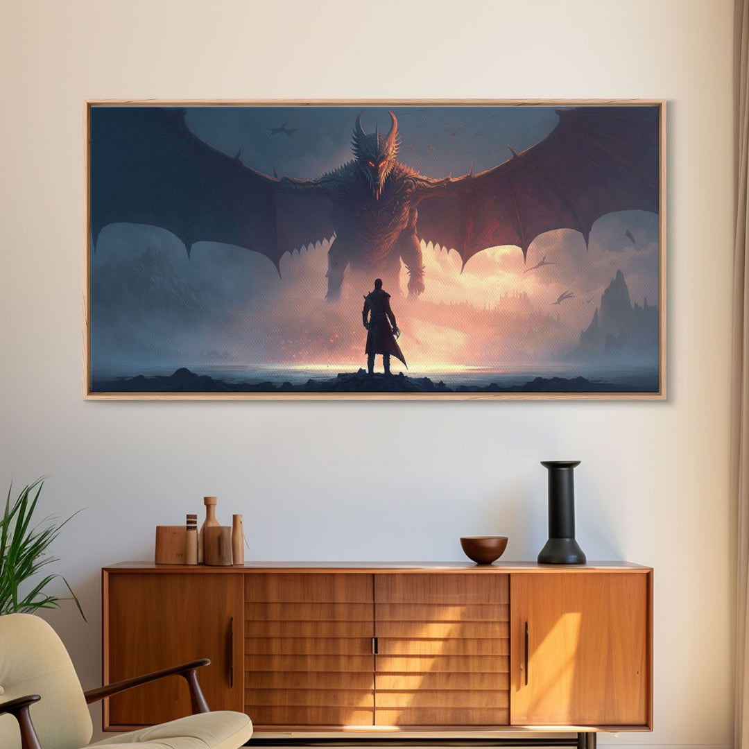 Warrior Facing Down a Dragon, Framed Canvas Print, Unique Fantasy Wall Art, In The Time of Dragons