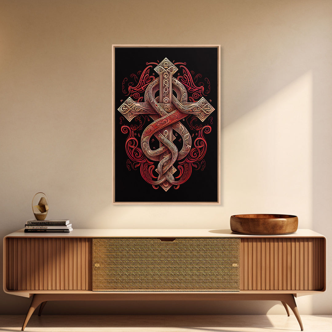 Cool Cross Art | Wall Art | Gothic Cross | Framed Canvas Print | Framed Art | Red and White Cross & Snake