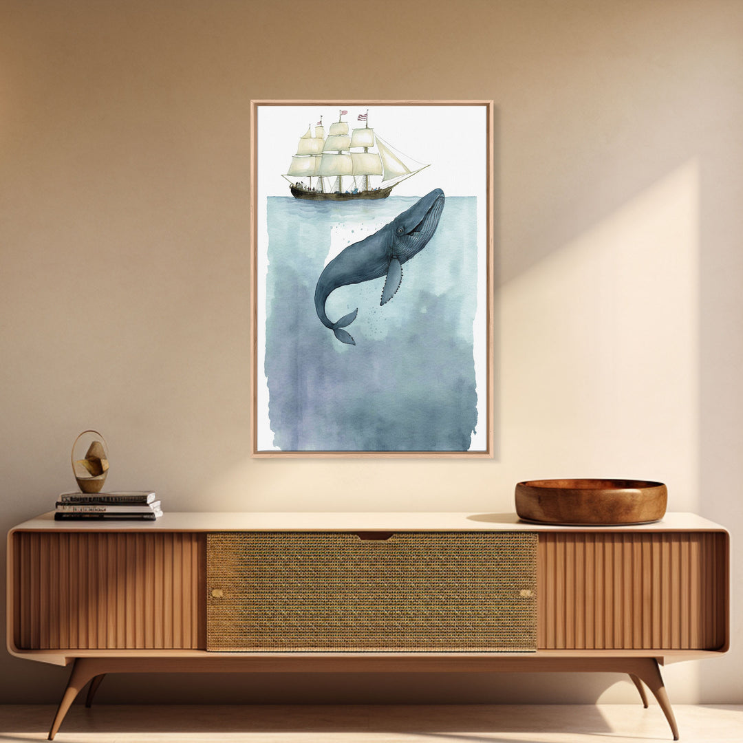 Framed Wall Art Blue Whale Painting, Watercolor Painting, Whale Print, Whale and Boat, Whale Nursery, Humpback Whale, Framed Wall Art