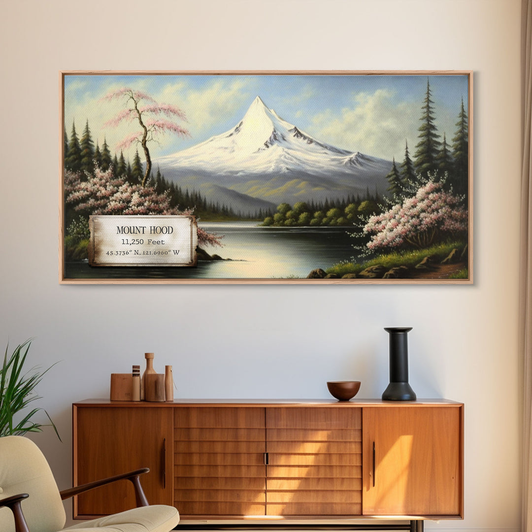 Mount Hood, Oregon Mountains, Travel Poster Wall Art, Framed Canvas Print, American Mountains, Mountain Landscape Painting