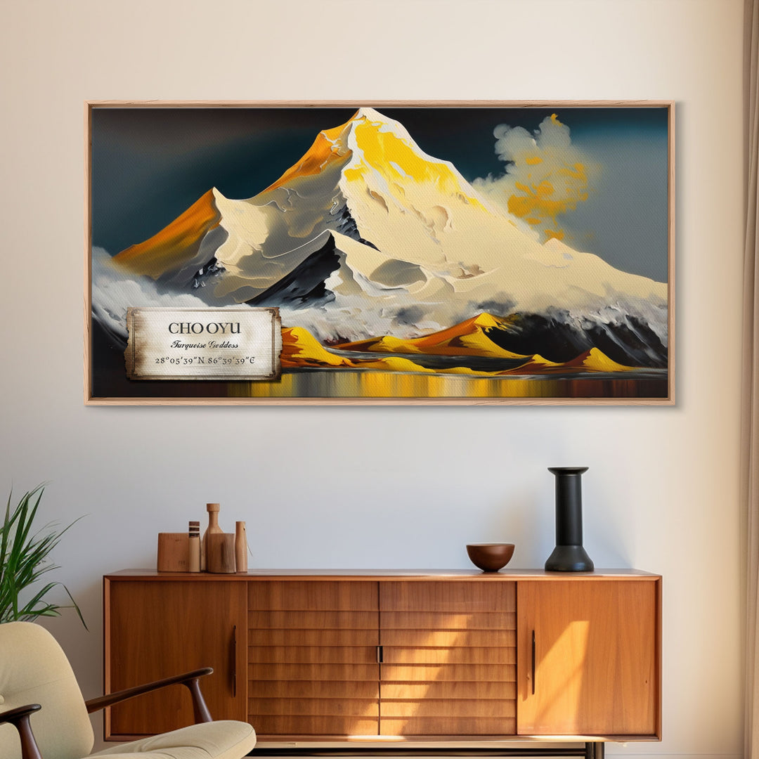 Cho Oyu, The Turquoise Goddess, Travel Poster, Framed Canvas Print, Mountain Landscape Painting, Original Painting Print