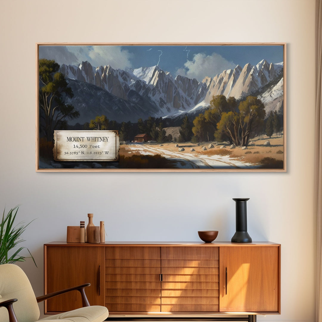 Mount Whitney, Mountains of California, Travel Poster Wall Art, Framed Canvas Print, American Mountains, Mountain Landscape Painting