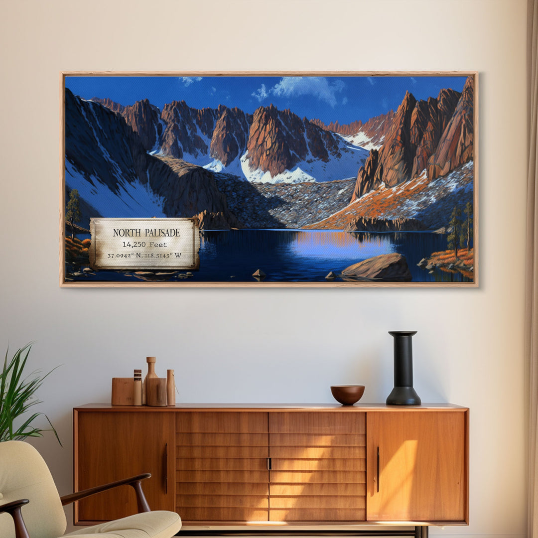 North Palisade, Mountains of California, Travel Poster Wall Art, Framed Canvas Print, American Mountains, Mountain Landscape Painting