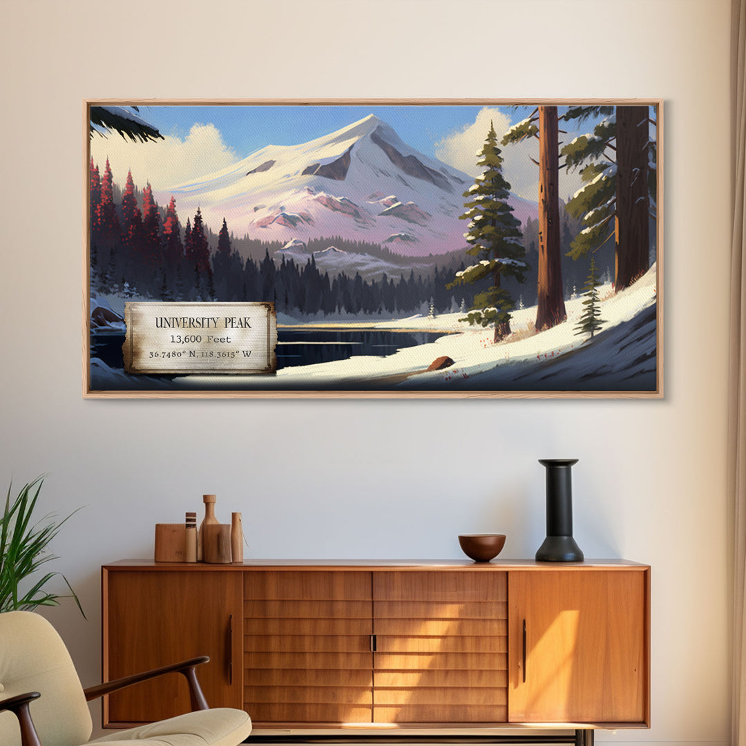 University Peak, Travel Poster Wall Art, Framed Canvas Print, American Mountains, Mountain Landscape Painting, Sierra Nevada Mountains