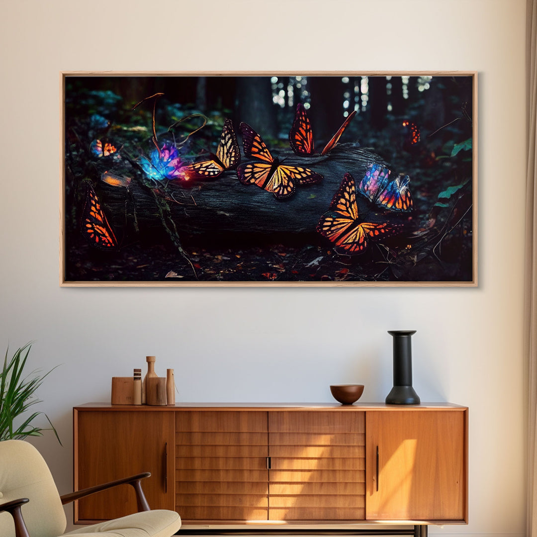 Glowing butterflies, fantasy forest wall art, framed canvas print, mother's day, mom gift, monarch butterflies