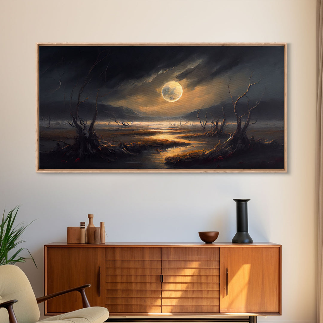 Midnight In The Swamp, Framed Canvas Print, Fantasy Art Canvas, Wall Art, Game Room Art, Full moon