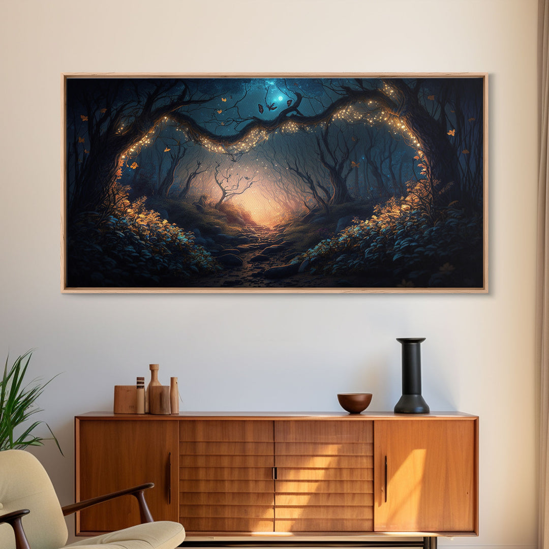 Wreath of Fireflies, Beautiful Fantasy Art, Framed Canvas Print, Moonlit Forest Floor Fantasy Concept Art