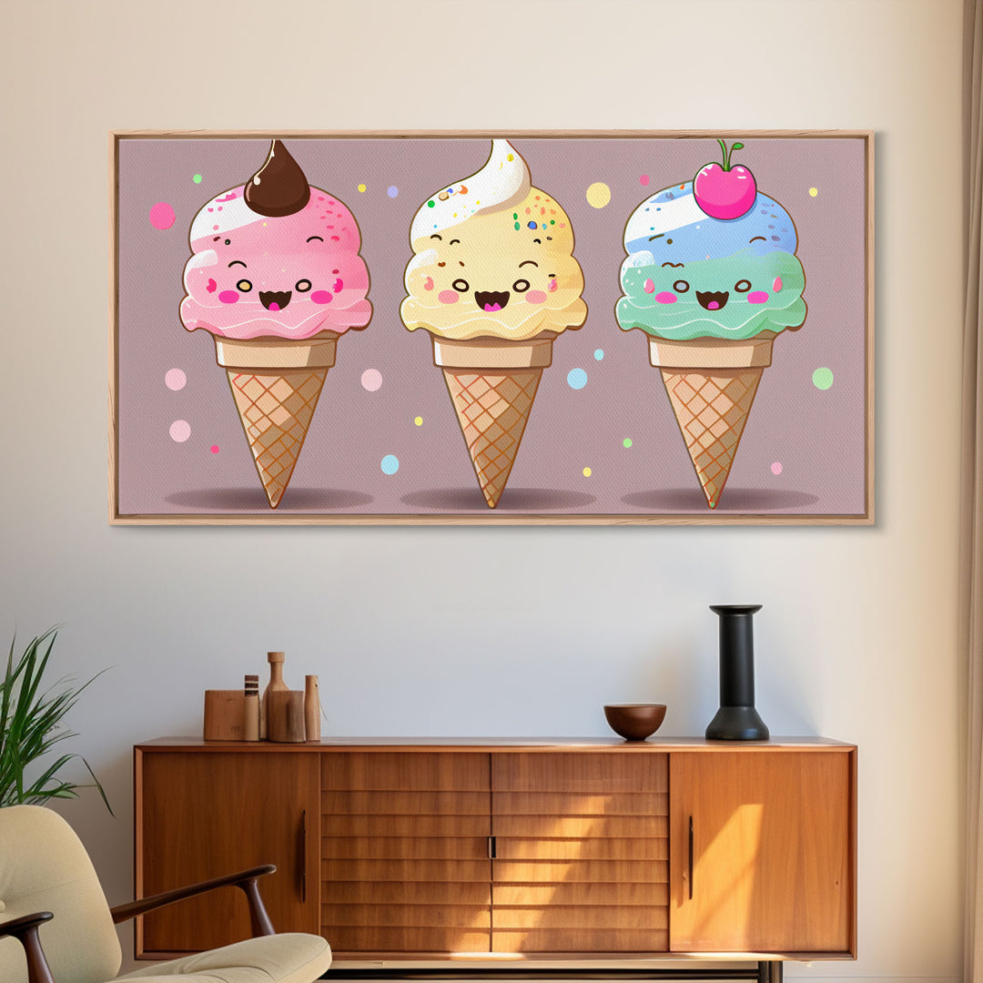 Ice Cream Wall Art, Framed Canvas Print, Cute Kawaii Art, Anime Style Wall Art, Ice Cream Parlor Art, Ice Cream Shop