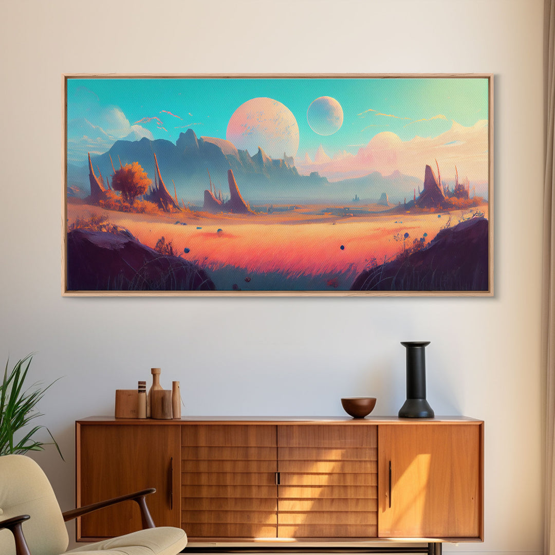 Scifi Landscape Wall Art, Framed Canvas Print, Canvas Art, Two Moon Scifi Planet Watercolor Painting