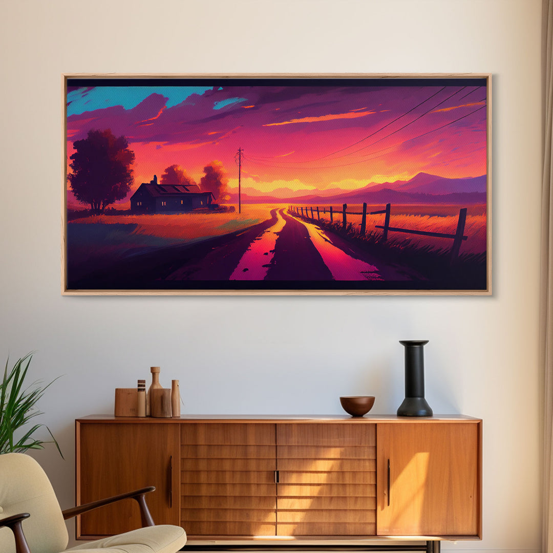 Synthwave Style Farmhouse Art, Dirt Roads, Country Roads, Sunset Art, Framed Wall Art, Canvas Print, Watercolor Wall Art Original Painting