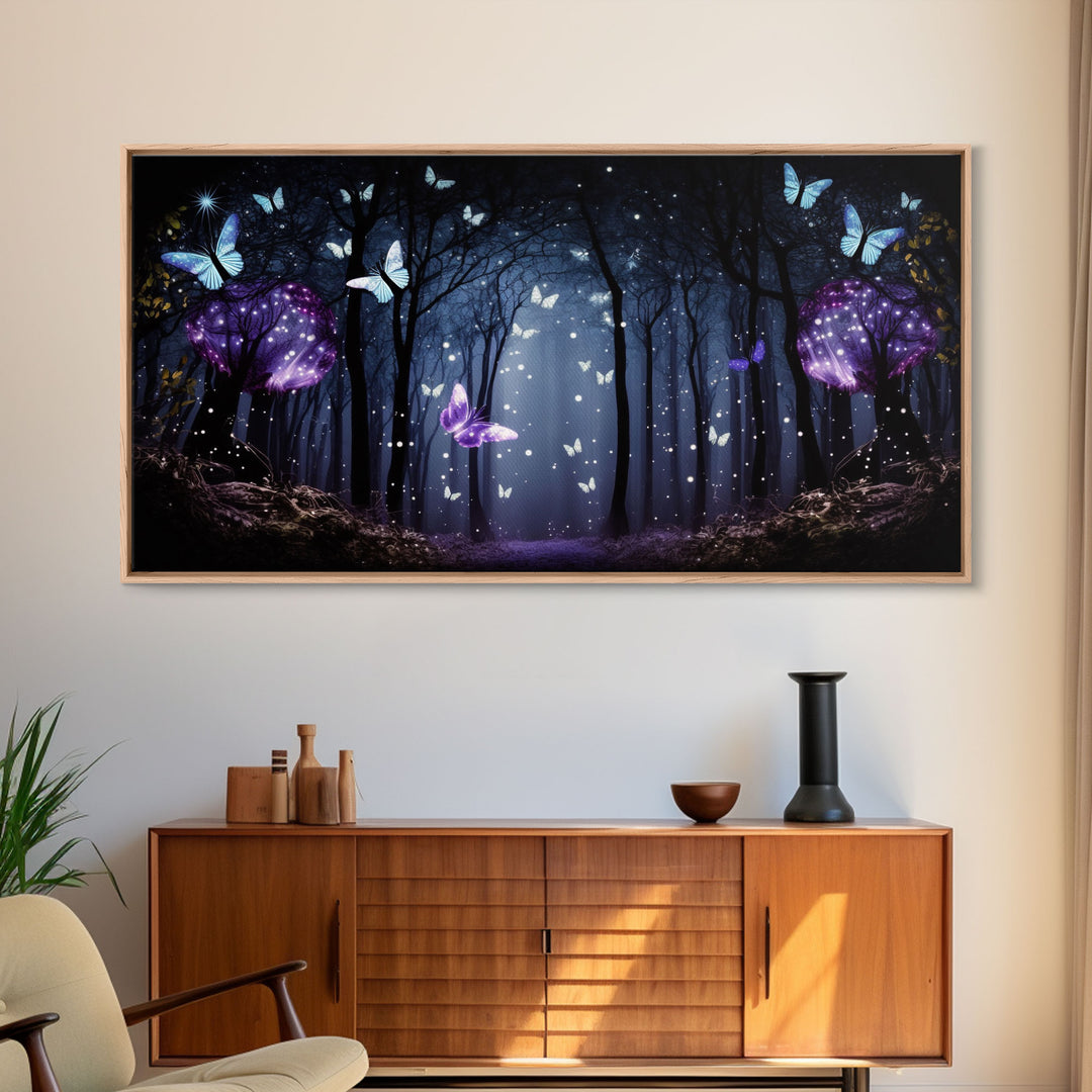 Glowing Butterflies, Framed Canvas Print, Fantasy Decor, High Fantasy Canvas Art, Fairy Forest