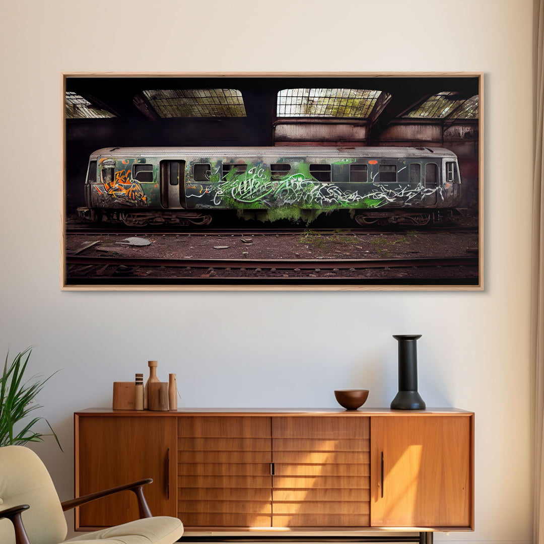 Urban Decay - Graffiti Train Car - Cool Wall Art -Framed Canvas Print - Unique Wall Decor - Framed Art - Subway Car With Graffiti