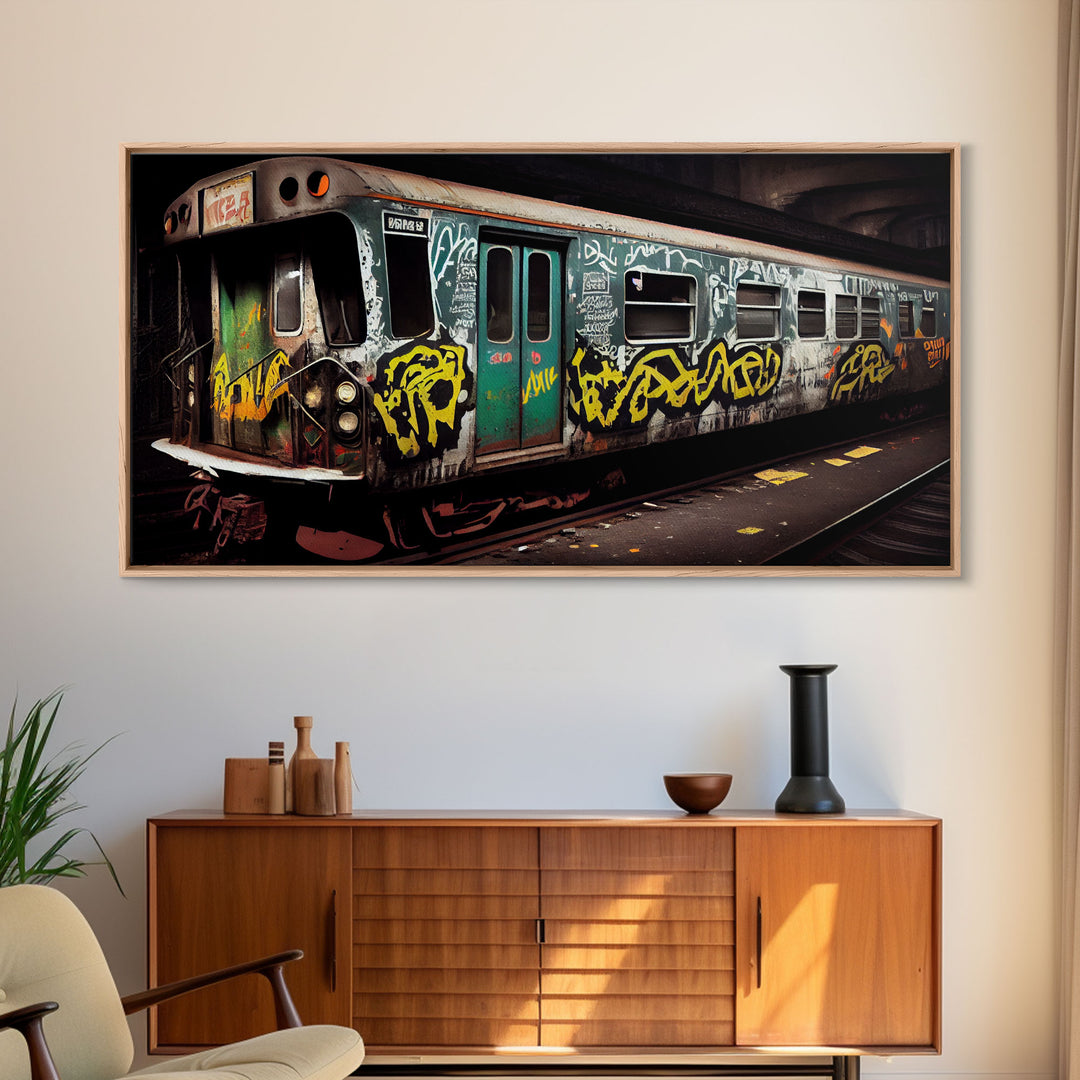 Graffiti Subway Car - Cool Wall Art -Framed Canvas Print - Unique Wall Decor - Framed Art - Train Car With Graffiti