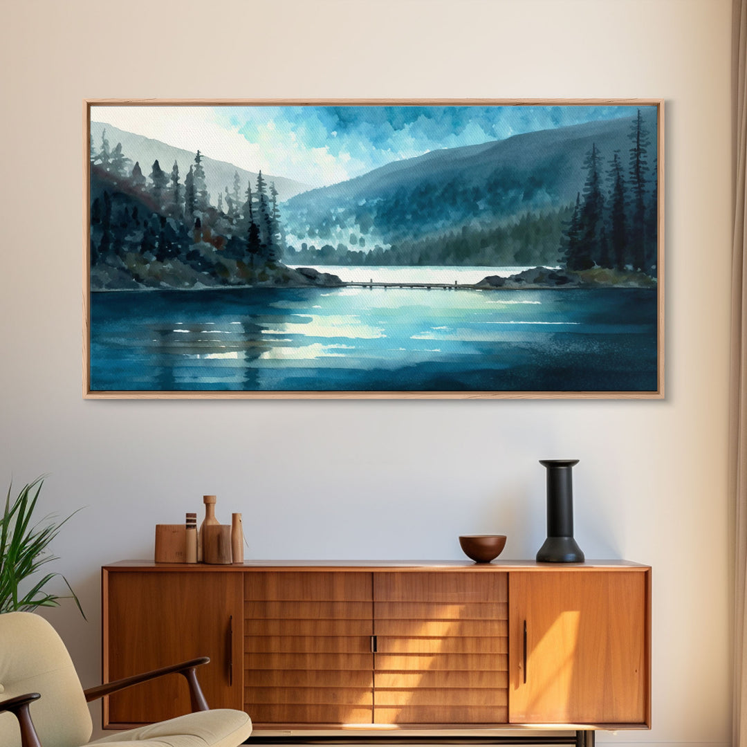 Mountain Lake, Watercolor Landscape Painting Canvas Print - Ready To Hang Large Gallery Wrapped Canvas Wall Art Prints With Floating Frames