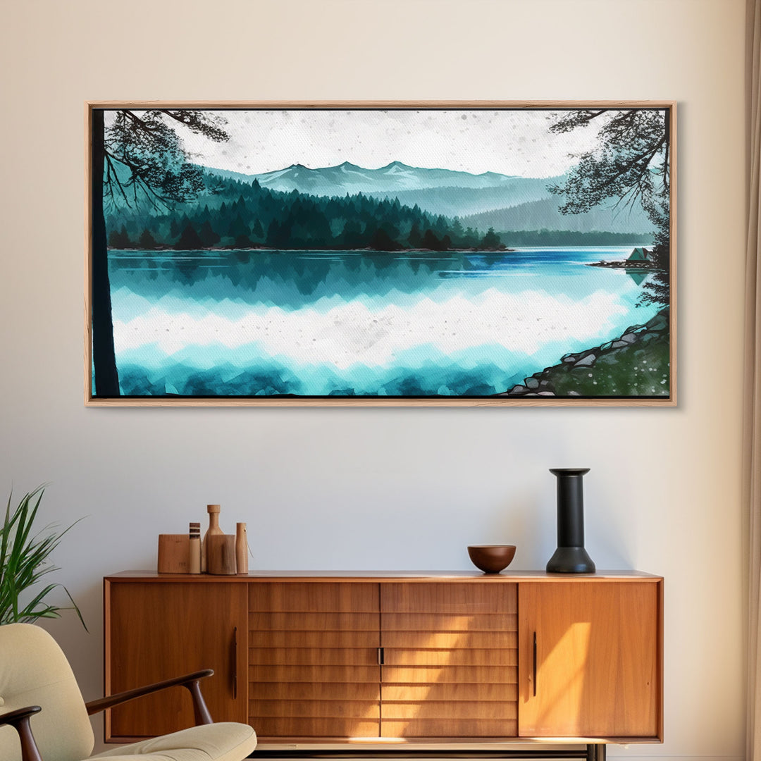 Mountain Lake, Watercolor Landscape Painting Canvas Print - Ready To Hang Large Gallery Wrapped Canvas Wall Art Prints With Floating Frames