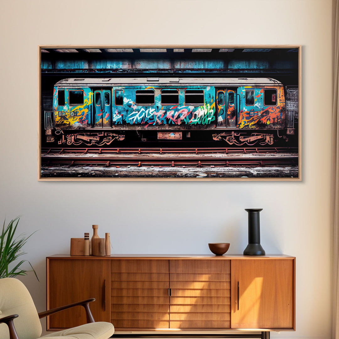 Urban Decay Wall Art - Graffiti Covered Subway Train - 1970s NYC Art - Framed Canvas Print - Original Art - Dystopian Urban Decay