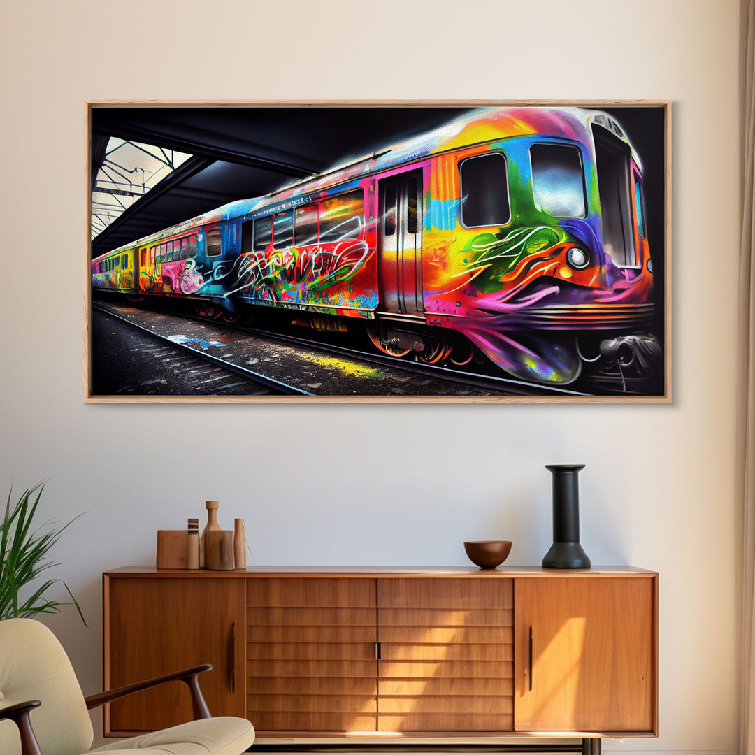 Subway car graffiti art, wall decor, train box car, ready to hang canvas print wall art, rainbow train wall art