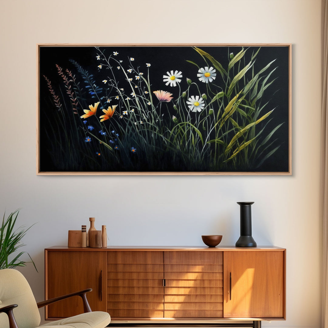 Meadow Flowers, Black Background, Framed Canvas Print, Floral Study Watercolor Painting