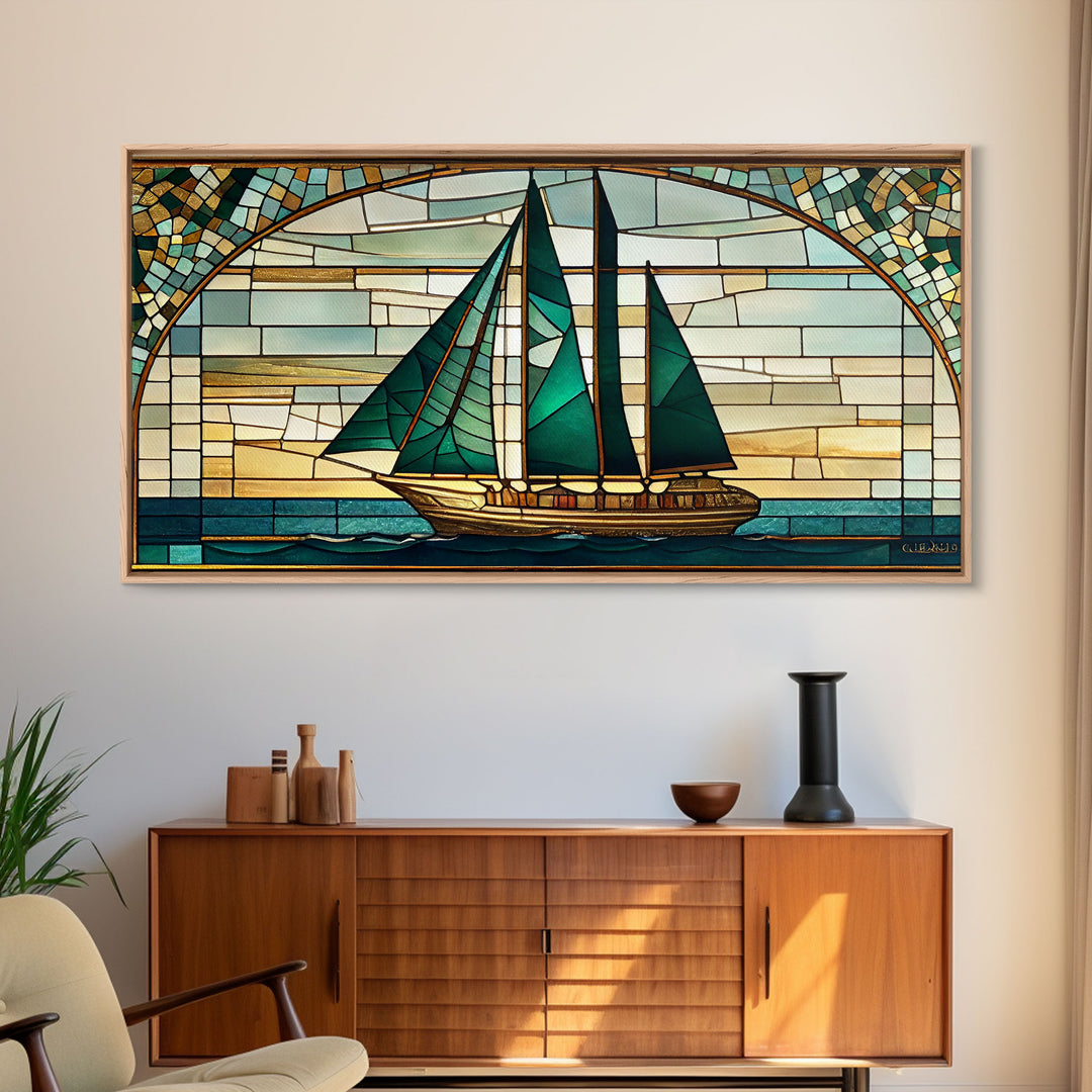 Emerald Green and Gold Art Deco Sail Boat, Framed Canvas Print, Retro MCM Style Wall Art, Midcentury Modern, Stained Glass, Huge Art