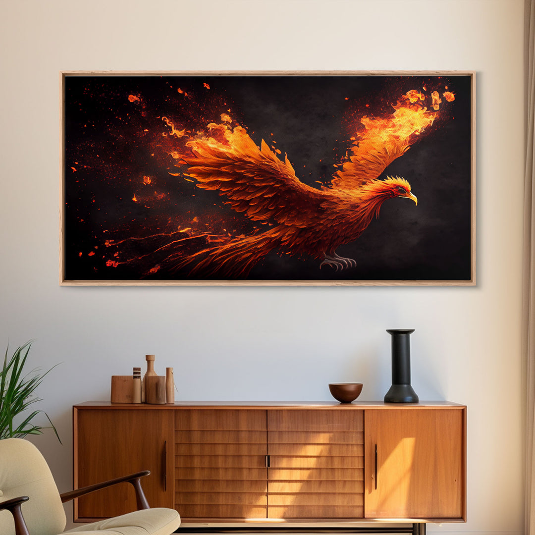 The Phoenix, Wall Art, Phoenix Bursting Into Flames, Fire, Framed Canvas Print, Unique Wall Art, Gift