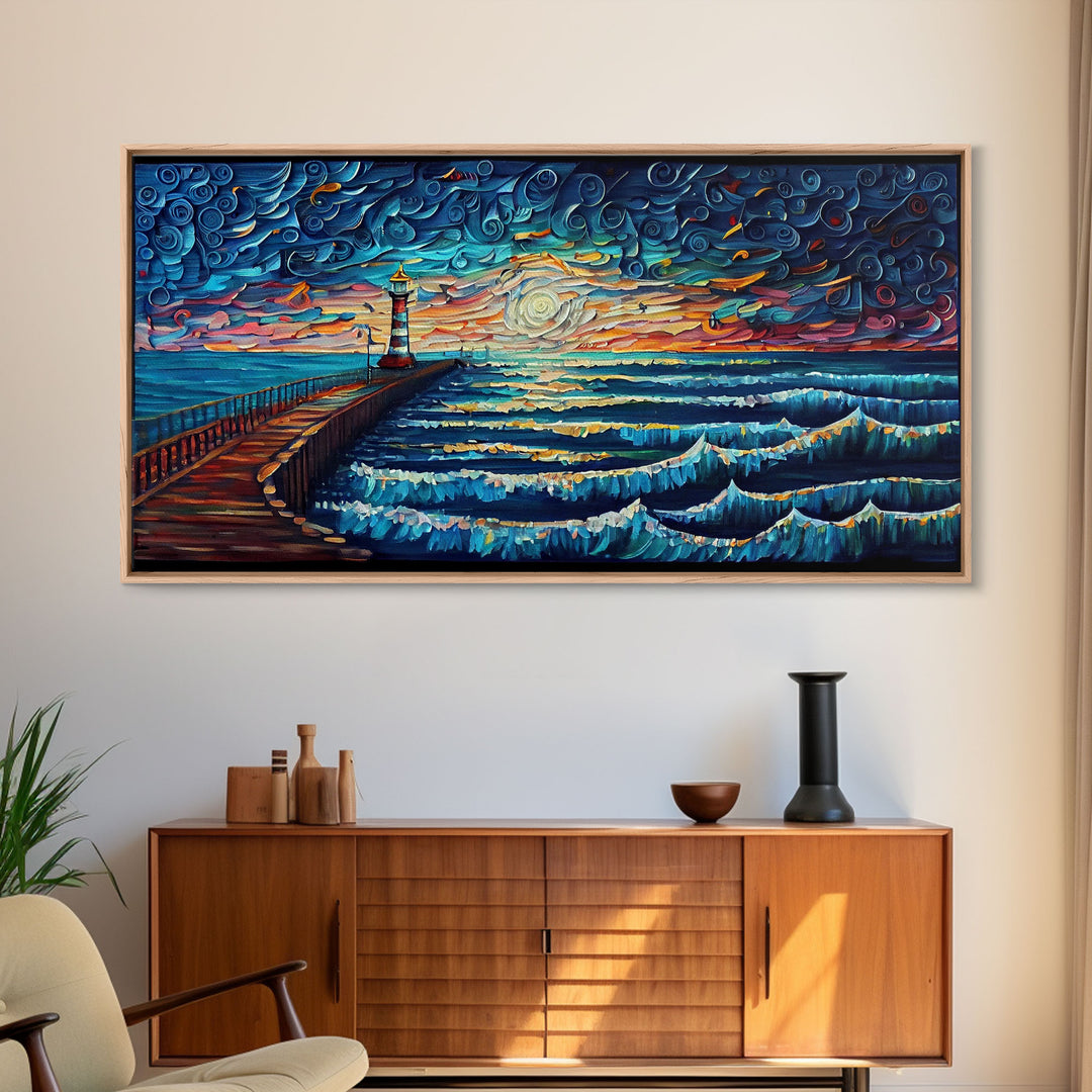 Starry Night Style Light House - Framed Canvas Print - Lighthouse and Beach Art - Lakehouse Art - Beach House - Living Room Decor