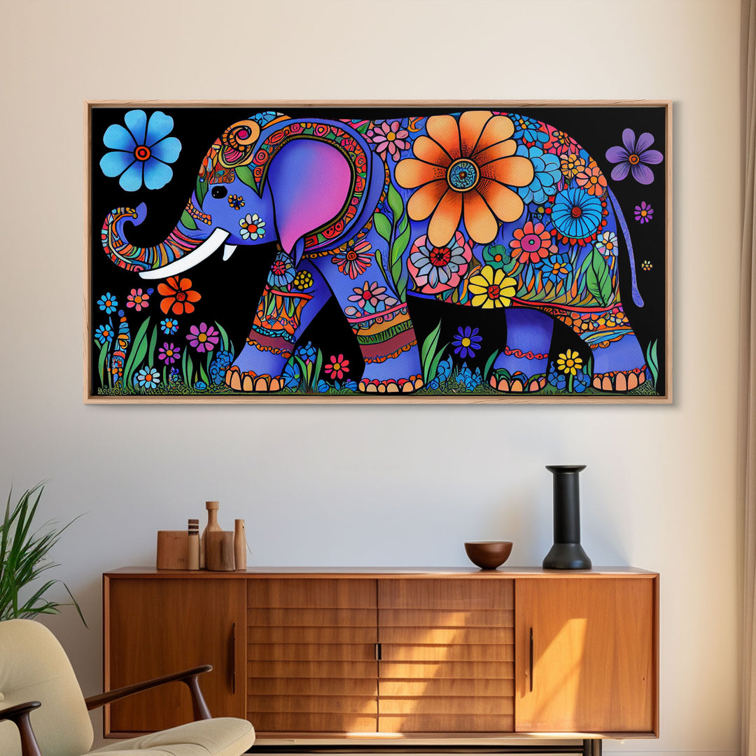 Elephant Art, Wall Art, Framed Canvas Print, Canvas Art, Indian Style Abstract Elephant With Flowers