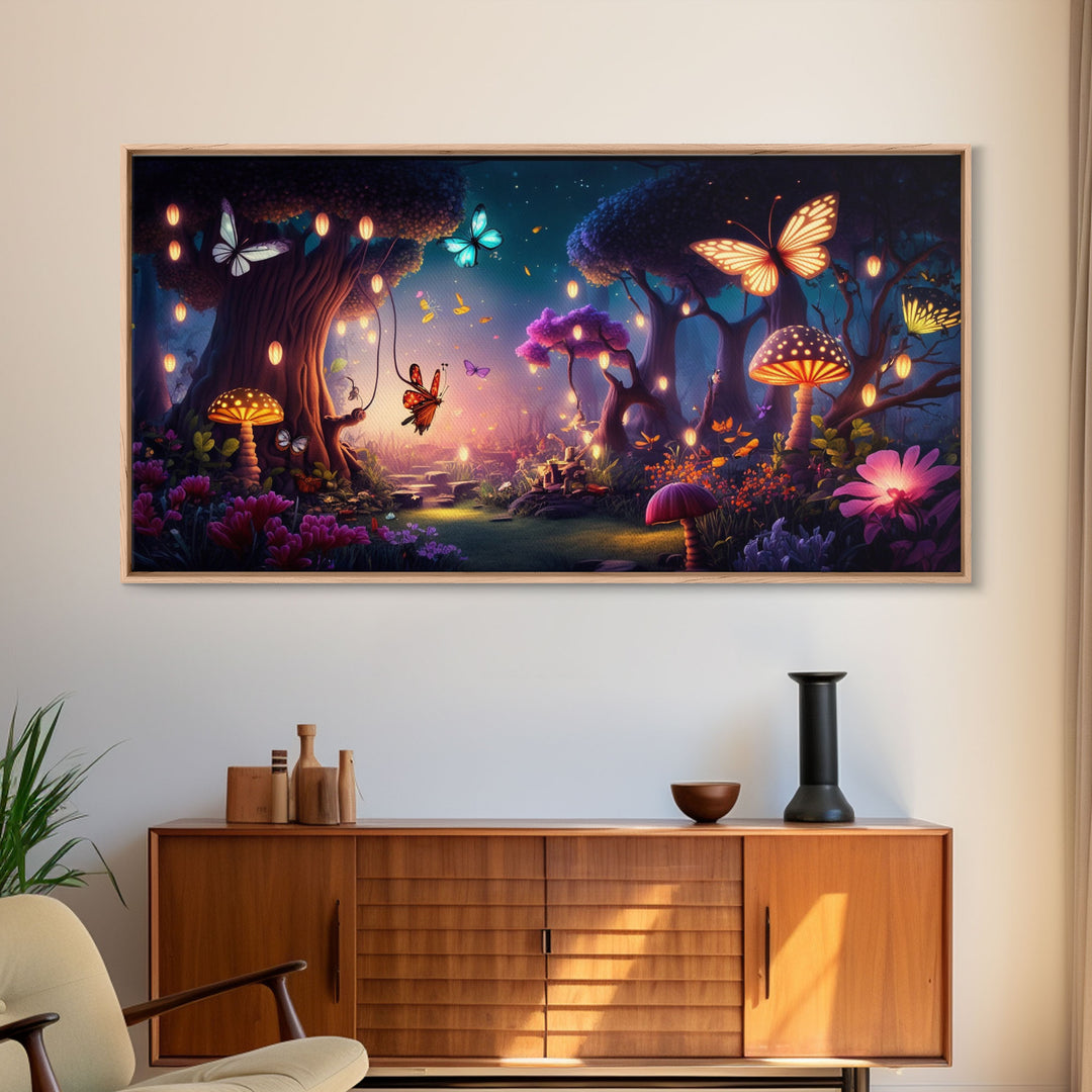 Vibrant Fantasy Forest Wall Art, The Forest Floor, Bioluminescent Glowing Butterflies, Gift, Framed Canvas Print