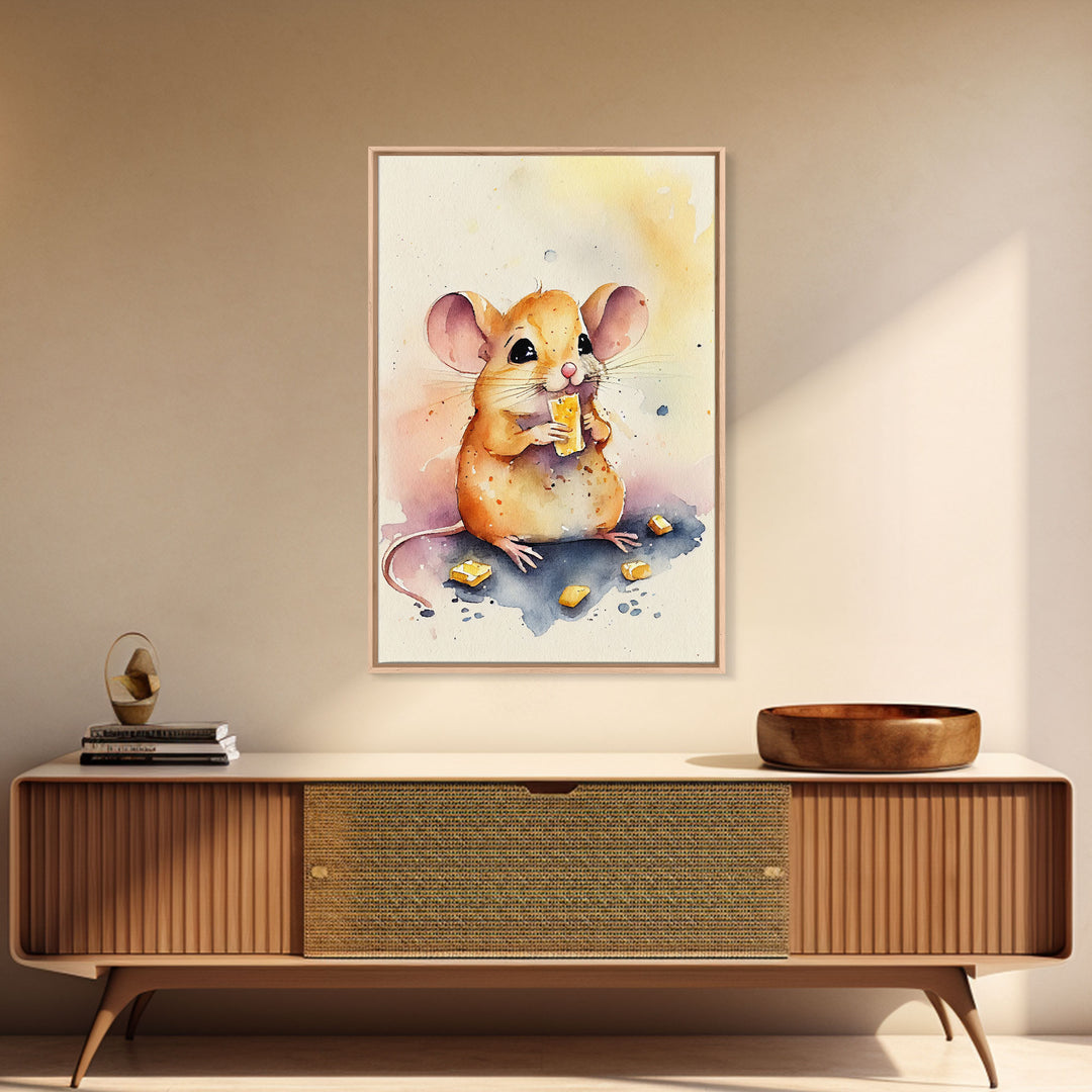 Mouse monchin' some cheese Watercolor Print, Mouse Art Painting, Framed Canvas Print, Cute mouse cartoon