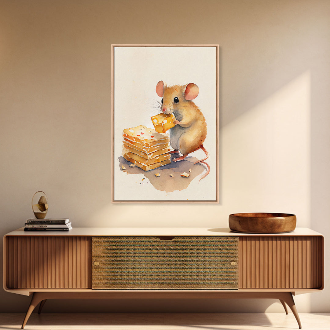 Mouse eatin' some cheese Watercolor Print, Mouse Art Painting, Framed Canvas Print, Cute mouse cartoon